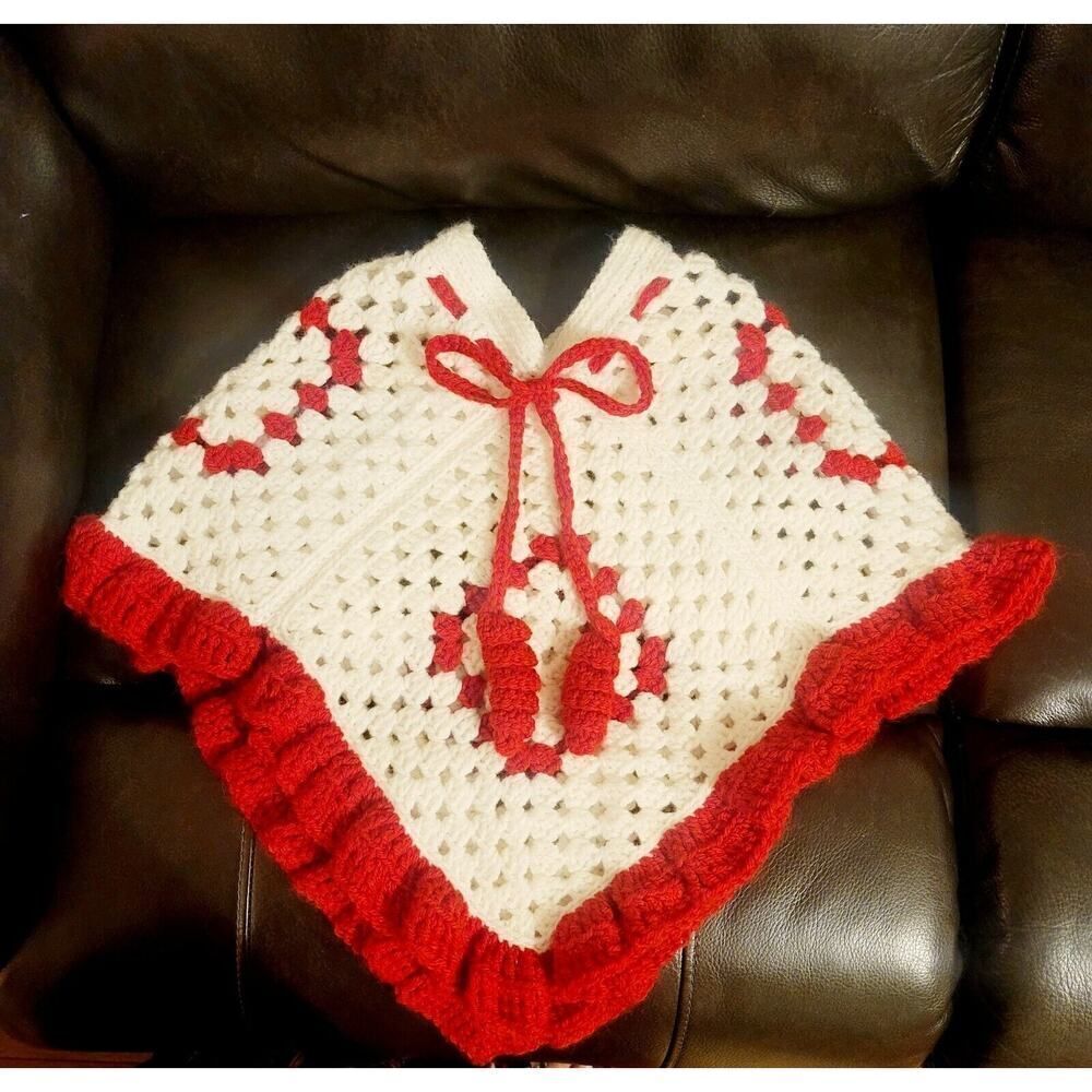 Vtg Crocheted Red White Girls‎ Poncho Shawl Handmade Pom Poms Frill Christmas